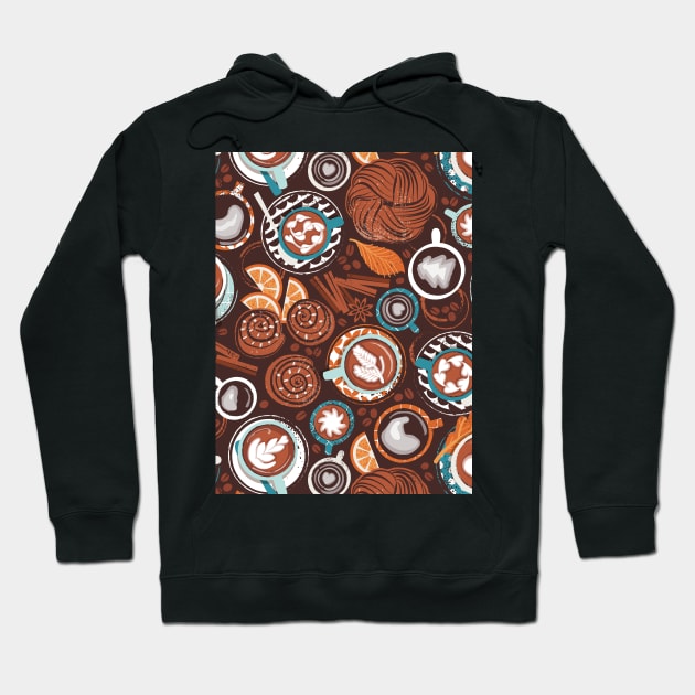 Love hugs in coffee mugs // pattern // expresso brown background lagoon orange and aqua cups and plates autumn leaves delicious cinnamon buns and cakes coffee stains and beans Hoodie by SelmaCardoso